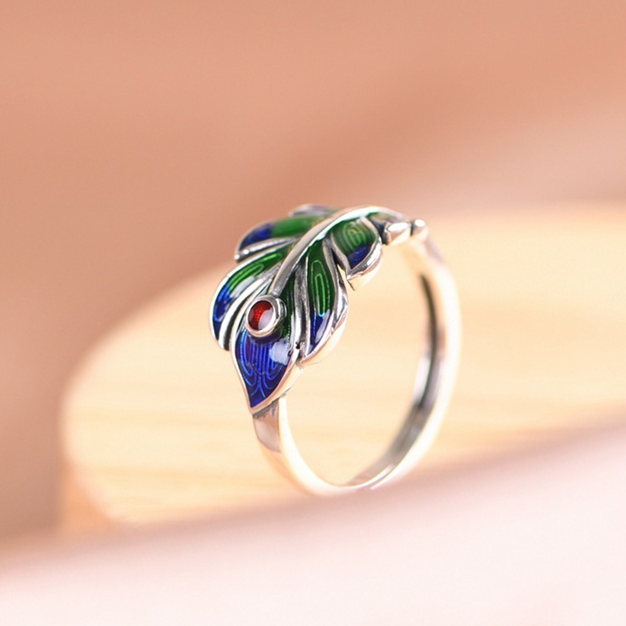 Silver Ring In Peacock Design With Green Stone - Eldorado