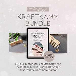 May include: An advertisement for a "KRAFTKAMM BUNDLE" showing a wooden comb, a tablet with a comb image, and text. The text includes "DEIN 3-MINUTEN-RITUAL MIT DEM Geburtskamm" and "Im Wert von 12€".