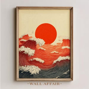 Japandi Sunset Over Contour Waves Print - Minimalist Ocean Art, Warm Neutral Palette, Bold Red Sun, Digital Download Wall Decor 744