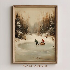 Winterlandschap afdrukbare muurkunst - rustige vintage scène, kinderen schaatsen op vijver, minimalistisch rustiek decor, digitale download 1230