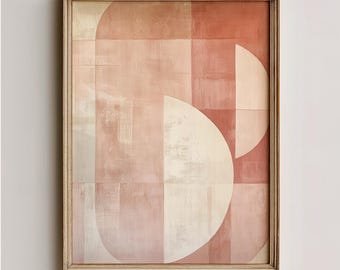 Puede incluir: Impresión artística abstracta enmarcada con un diseño geométrico. La obra de arte presenta formas superpuestas en tonos de rosa, melocotón y crema. El texto "WALL AFFAIR" está en la parte inferior del marco.