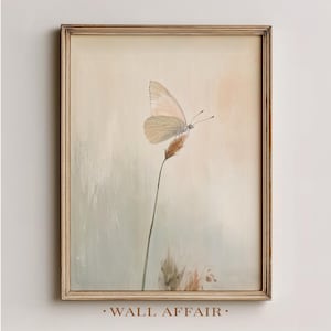 Minimalist Printable Wall Art - Soft Botanical Butterfly on Dried Stem, Muted Pastel Decor, Neutral Calm Interior, Digital Download 1069