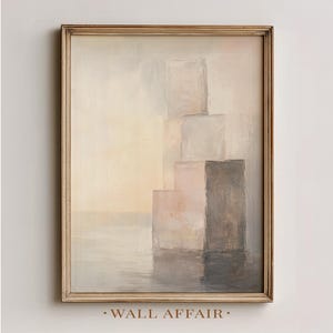 Puede incluir: Impresión artística abstracta en un marco de madera dorada. La obra presenta una paleta de colores apagados de beige, gris y rosa, con un diseño rectangular apilado. La parte inferior del marco tiene el texto "WALL AFFAIR".