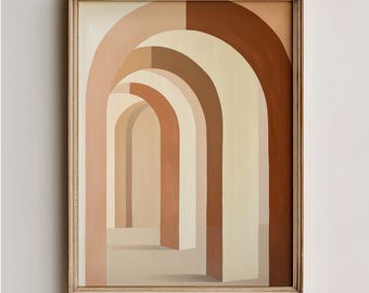ボヘミアン抽象幾何学模様ウォールアート - 温かみのあるオート、ベージュ、テラコッタ、ミッドセンチュリーミニマリスト装飾、アースカラーのプリントアーチ 170