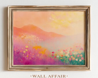Abstract Wildflower Meadow Landscape - Warm Pastel Sunrise Painting, Soft Impressionistic Hills, Cottagecore Boho Wall Art Print 28