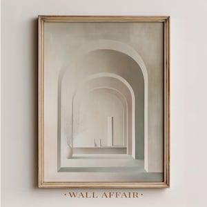Puede incluir: Una impresión artística enmarcada que presenta una serie de arcos en tonos neutros, creando una sensación de profundidad. Un jarrón con ramas y dos pequeños jarrones están sobre una repisa. El texto "WALL AFFAIR" está en la parte inferior.