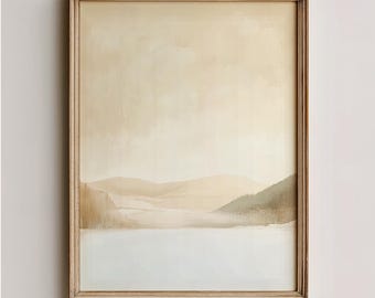 Ruhiger, cremefarbener Taldruck - ruhige Pastelllandschaft, minimalistische Bauernhaus-Wandkunst, beruhigender blauer See digitale Kunstwerk 555