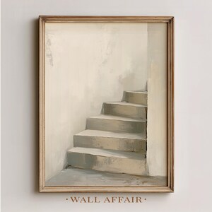 Puede incluir: Pintura abstracta de una escalera en una paleta de colores neutros. La obra presenta un conjunto de escaleras que ascienden desde la parte inferior izquierda, con una pared a la izquierda y una esquina a la derecha. La pintura está en un marco dorado. El texto "WALL AFFAIR" está en la parte inferior.