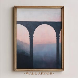 Architectural Minimalist Wall Art - Moody Printable Dark Arches, Blush Gradient Sky, Serene Modern Wall Decor, Digital Art Download 112