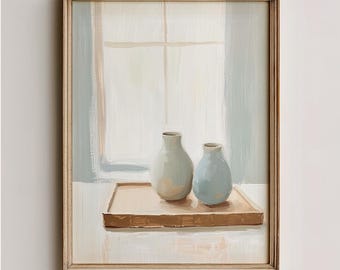May include: A framed painting featuring two small, light-colored vases on a rectangular tray. The background depicts a window with soft blue and white hues. The painting is signed "WALL AFFAIR" at the bottom.