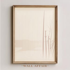 Lámina minimalista Japandi neutra con delicados tallos de junco - Tonos beige suaves y rosados, arte mural sereno y elegante, descarga digital 866