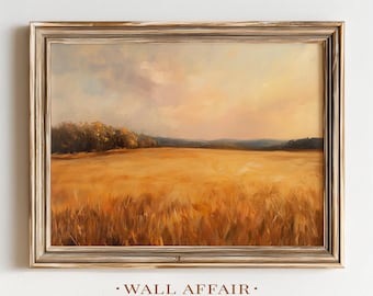 Peinture rustique de paysage d'automne - champ de ferme confortable, ciel pastel chaud, scène maussade et neutre, art mural imprimable à télécharger 342