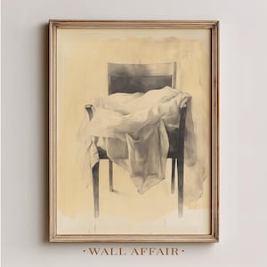 Silla rústica con tela drapeada: boceto minimalista neutro, arte vintage en tela sepia, dibujo tranquilo de grafito, decoración de pared imprimible 1269