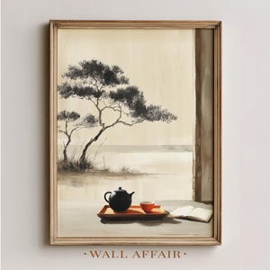 Calm Japandi minimalistische Teekanne und Tasse Wandkunst - heiteres rustikales Stillleben Druck, Neutrales Aquarell Design, digitaler Download 606