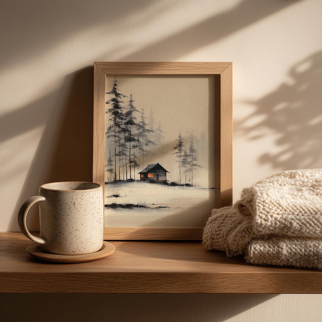 Cozy Cabin in Winter Landscape Printable Art - Rustic Warm Light ...