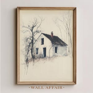Rustic Country House Sketch with Leafless Trees - Moody Farmhouse Decor, Minimalist Cottage Art, Printable Art Digital Download 1271