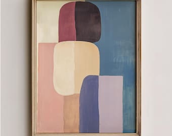 Minimale abstracte kunst uit het midden van de eeuw - afdrukbaar geometrisch schilderij in blush, crème, lavendel, paars en groenblauw, digitaal wanddecor 268