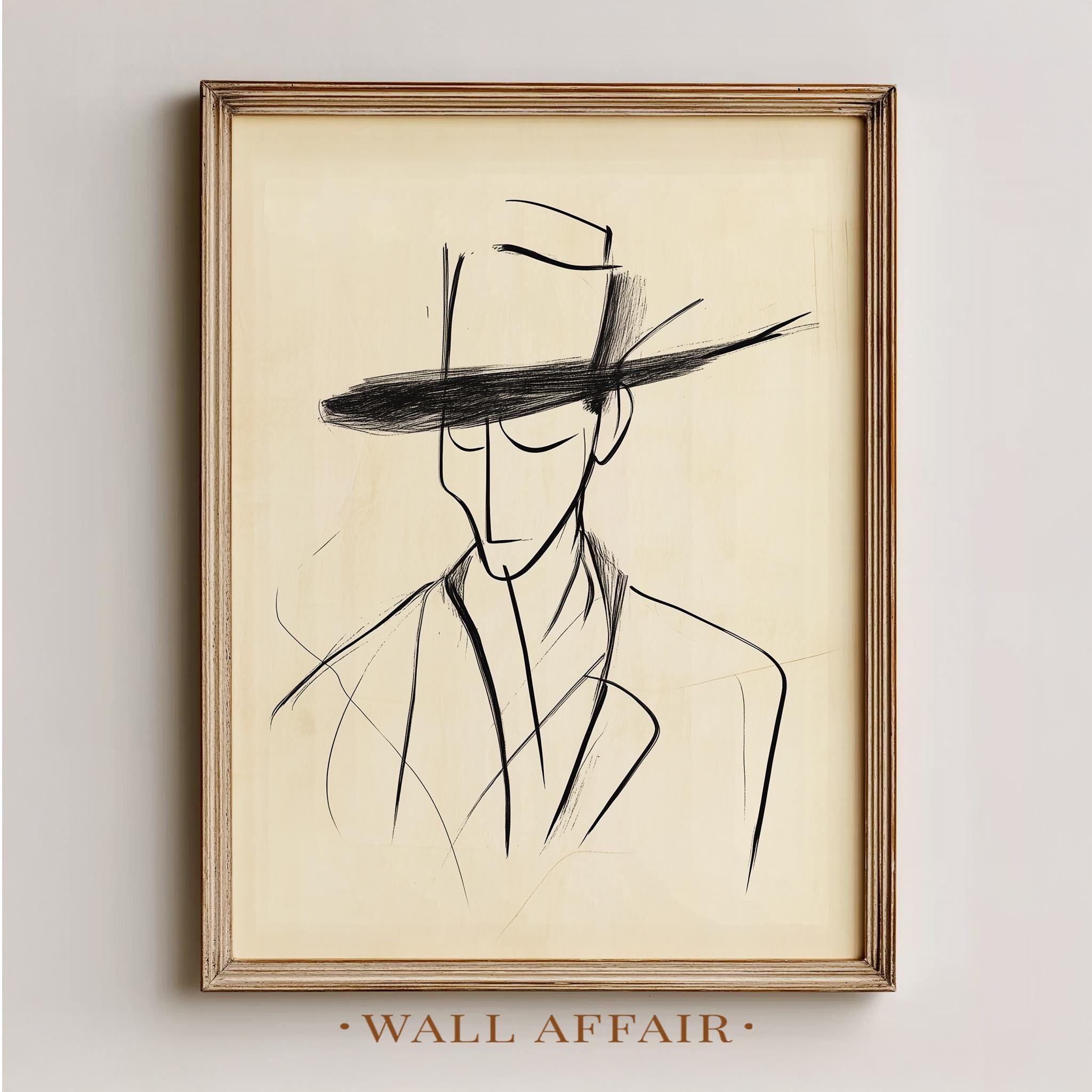 Minimalist Cowboy Line Drawing - Rustic Black Ink Sketch, Neutral Wall ...