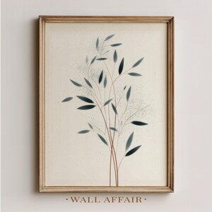 Minimal Botanical Stem Printable Art - Modern Dark Olive Leaf Illustration on Clay Background, Earthy Wall Decor, Digital Download 793