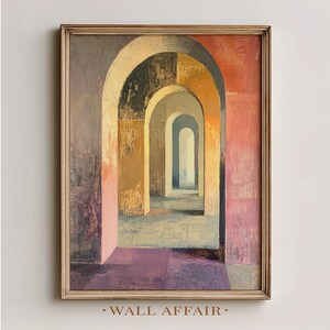 May include: Framed abstract painting featuring a series of arched doorways in shades of pink, orange, yellow, and gray. The artwork has a textured appearance and is set within a gold-toned frame. The text "WALL AFFAIR" is at the bottom.