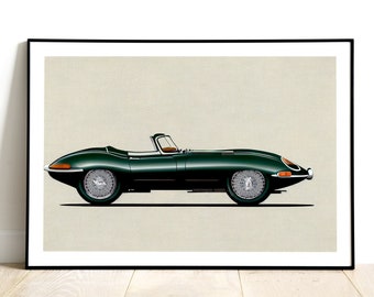 Jaguar E-Type Handmade 1960s Car Artwork, High Quality Print of an Iconic Car, Jaguar Wall Art Decor,  Perfect Gift Idea, Home Decor Poster