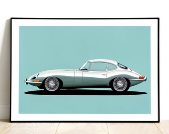 Jaguar E-Type Handmade 1960s Car Original illustration, High Quality Print of a Vintage Car, Jaguar Wall Art Gift Idea, Home Decor Poster