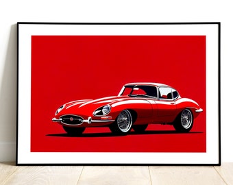 Jaguar E-Type Handmade 1960s Car Original Artwork, High Quality Print of a British Classic Car, Jaguar Wall Art Gift Idea, Home Decor Poster