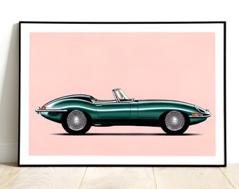Jaguar E-Type Handmade 1960s Car Original illustration, High Quality Print of a Vintage Car, Jaguar Wall Art Gift Idea, Home Decor Poster