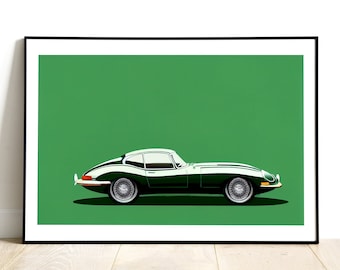 Jaguar E-Type Handmade 1960s Car Original Artwork, High Quality Print of a Vintage Car, Jaguar Wall Art Gift Idea, Home Decor Poster