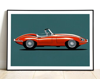 Jaguar E-Type Handmade 1960s Car Original Drawing, High Quality Print of a Vintage Car, Jaguar Wall Art Gift Idea, Home Decor Poster