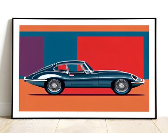 Jaguar E-Type Handmade 1960s Car Original Artwork, High Quality Print of a Vintage Car, Jaguar Wall Art, Jaguar Poster, Home Decor