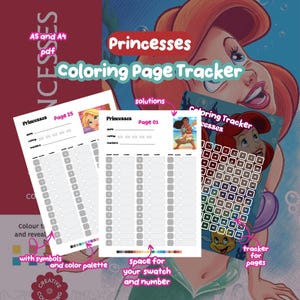May include: A digital Princesses Coloring Page Tracker in A5 and A4 PDF formats. The set includes tracking sheets with columns for dates, ratings, markers, symbols, and numbers, alongside a color palette and a grid-based page tracker.