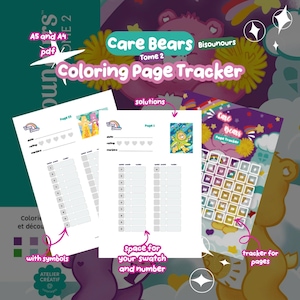 Può includere: Un documento digitale Care Bears Tome 2 Coloring Page Tracker con opzioni PDF A5 e A4. Le pagine includono sezioni per data, valutazione e pennarelli, con griglie per simboli, campioni e numeri, oltre a una griglia per il tracciamento.