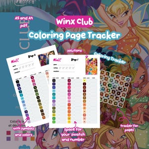 Può includere: Un documento digitale di tracciamento per pagine da colorare Winx Club disponibile nei formati A5 e A4. Il documento presenta un layout a griglia con colonne per simboli, campioni e numeri, oltre a una sezione di valutazione.