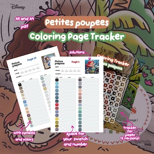 May include: A digital colouring page tracker for Petites poupees featuring A5 and A4 PDF formats. The sheets include sections for dates, ratings, markers, and colour swatches with symbols and numbers. Includes a tracker for pages and solutions.