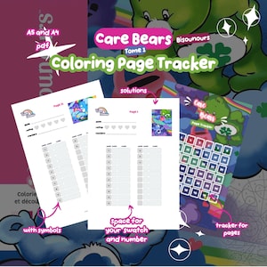 Könnte beinhalten: Ein digitales Care Bears Ausmal-Tracker-Set in den PDF-Formaten A5 und A4. Die Blätter enthalten Abschnitte für Datum, Bewertung, Marker-Farbmuster und nummerierte Raster zur Fortschrittskontrolle sowie eine bunte Grafik der Care Bears.