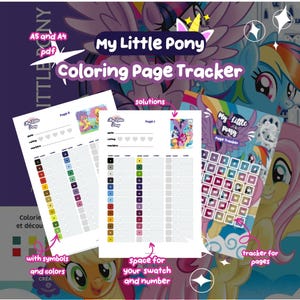 Könnte beinhalten: Ein My Little Pony Ausmal-Tracker-Set als digitale Datei in A5 und A4. Das Set enthält Seiten mit Farbfeldern, Symbolen und nummerierten Rastern zur Fortschrittskontrolle, verziert mit bunten Charakterillustrationen und Text.