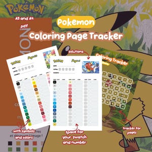 Puede incluir: Un documento digital de seguimiento de páginas para colorear de Pokemon en formatos PDF A5 y A4. Las páginas incluyen secciones para fechas, valoraciones, marcadores, muestras de color y símbolos numerados, con una imagen de Magikarp.