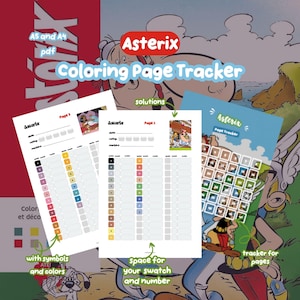Könnte beinhalten: Ein digitales Asterix Coloring Page Tracker Dokumentenset mit A5 und A4 PDF Optionen. Die Seiten enthalten Abschnitte für Datum, Bewertung, Marker sowie ein Raster mit Symbolen, Farben und Feldern für Farbmuster und Nummern zur Fortschrittskontrolle.