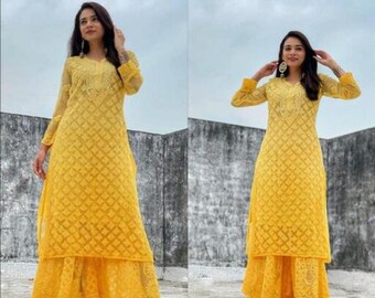 Floral Embroidered Yellow Indian Wedding Wear Salwar Suit