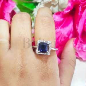 3 Carats Halo Sapphire Ring, Created Royal Blue Sapphire Engagement Ring, Princess Diana Ring, September Birthstone Promise Ring