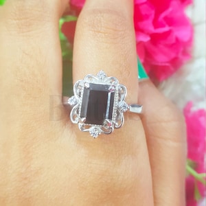 Black Onyx Engagement Ring 4ct Emerald Cut 14K White Gold Finish Sterling Silver. Vintage Ring. Bridal Ring. Promise Ring. Anniversary Gift