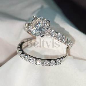 2.20 Ct Round Cut White Sapphire Bridal Set, Solitaire Engagement Ring, 925 Sterling Silver White Gold Finish, Anniversary Ring, Couple Ring