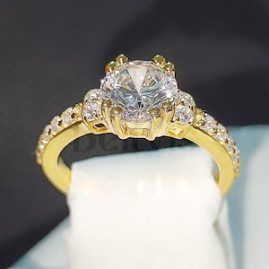 Yellow Gold Finish, 2.3 Ct Round Cut White sapphire, Solitaire With Accents Engagement Wedding Ring, 925 Sterling Silver, Anniversary Gift