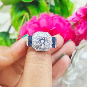2.5 Ct Round Cut White Sapphire Halo Engagement Wedding Ring, Vintage Art Deco Ring, 925 Sterling Silver White Gold Finish, Anniversary Gift