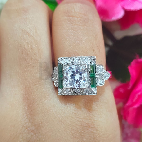 2CT Round Moissanite Engagement Ring Art Deco White Gold Finish Silver/Promise Ring/Classic Art Deco Ring/Unique Ring for Women/Vintage Ring