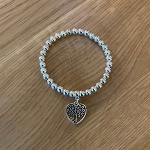 Silver Heart Tree of Life Bracelet, Silver Bead Bracelet, Stretch Bracelet, Beaded Bracelet, Heart Charm Bracelet, Silver Plated Bracelet