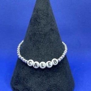 Personalised Name Bracelet, Silver Plated Beaded Stretch Bracelet