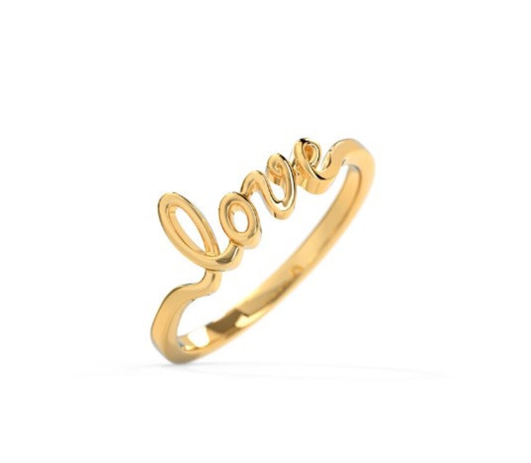 925 Sterling Silver Love Ring, Love Cursive Gold Ring, Yellow Gold Ring, Small & Cute Love Ring