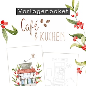 Pode incluir: Ilustração em aquarela com o texto "Vorlagenpaket Café & Kuchen". A imagem apresenta dois desenhos: um moedor de café em um edifício e um café com um barco. Folhas e bagas decorativas emolduram as imagens.